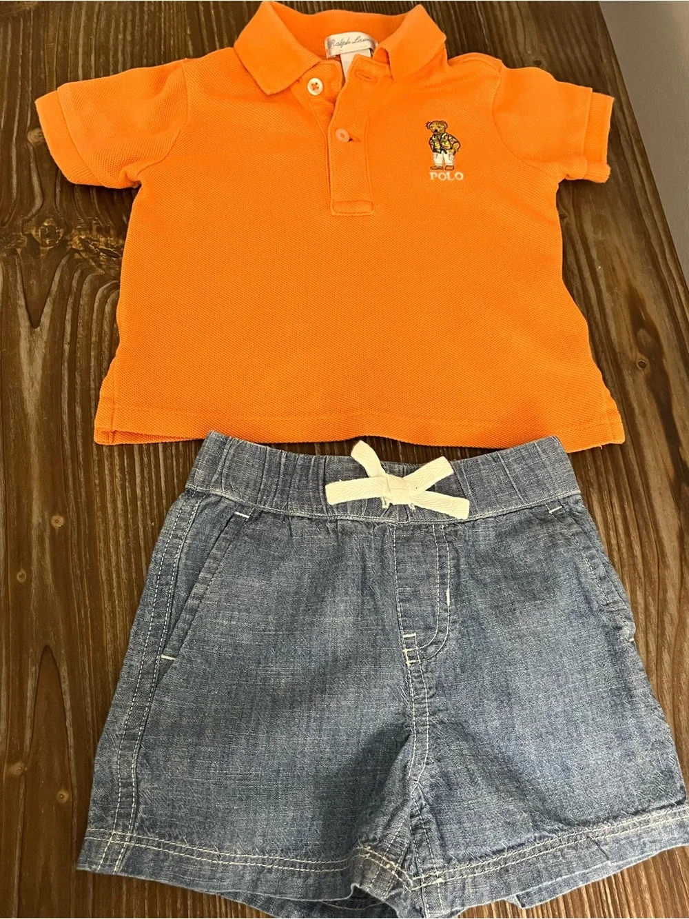 Ralph Lauren 2-pc Orange Pique Polo Shirt Chambray Shorts Set Size 6 Months